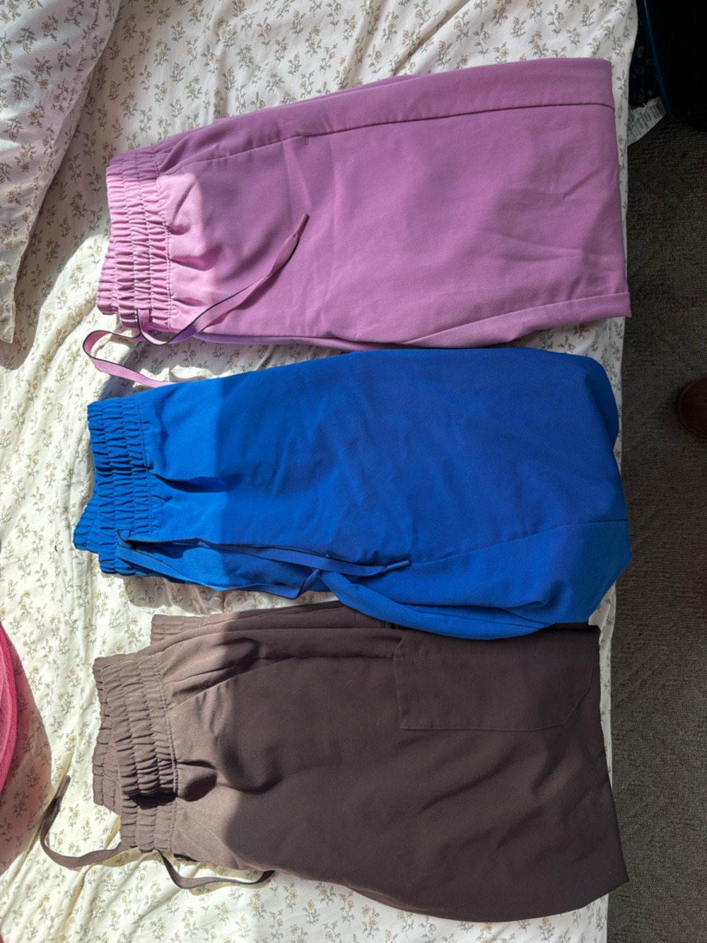 Set of Three Drawstring jaanuu scrubs - Pink, Blue, Brown.